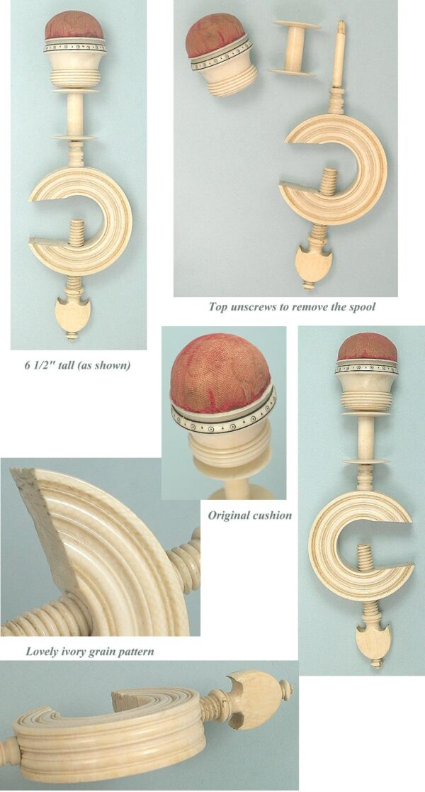 Antique Carved Ivory Madras Pincushion/Spool Clamp * English * Circa 1820 - Image 2