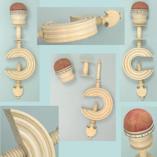 Antique Carved Ivory Madras Pincushion/Spool Clamp * English * Circa 1820