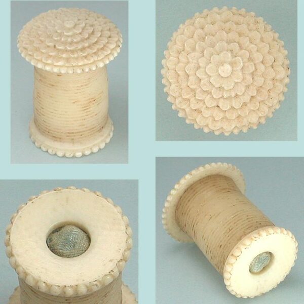 Antique Carved Ivory Thread Waxer & Emery * Circa 1840
