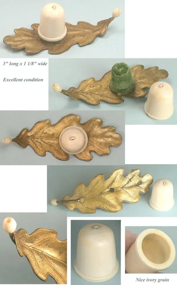 Antique Figural Brass Leaf Thimble Holder w/ Child's Ivory Thimble * C1890 - Image 2
