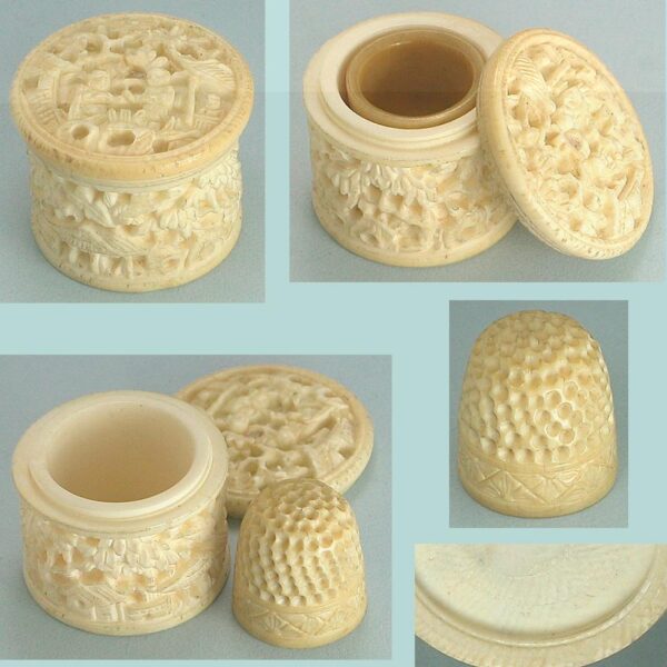 Antique Carved Ivory Box w/ Thimble * Canton Export * Circa 1820