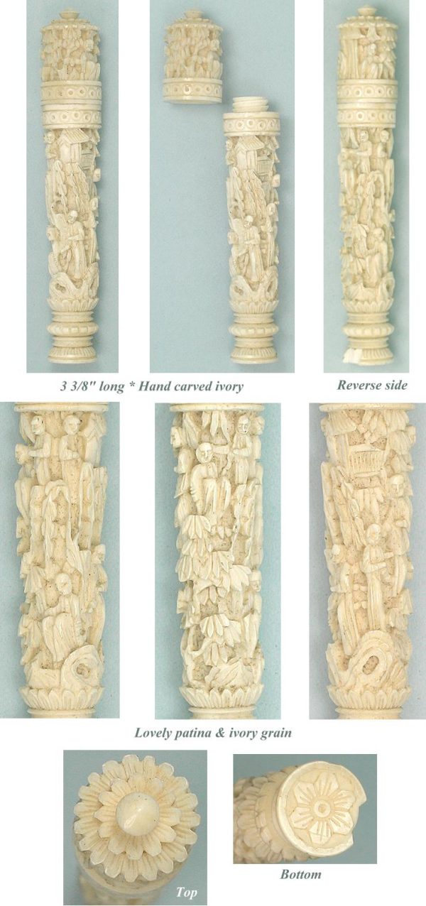 Very Fine Antique Carved Ivory Canton Needle Case * C1830