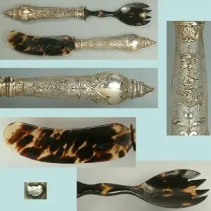 Antique Silver & Tortoise Shell Serving Fork & Knife * C1890