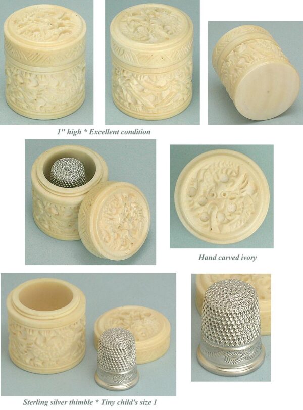 Antique Carved Canton Ivory Thimble Case & Sterling Silver Child's Thimble * Circa 1840 - Image 2