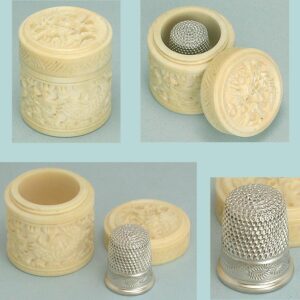 Antique Carved Canton Ivory Thimble Case & Sterling Silver Child's Thimble * Circa 1840
