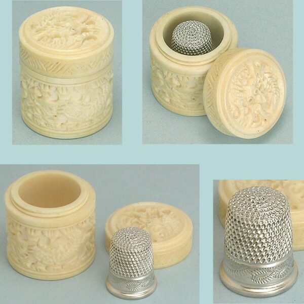 Antique Carved Canton Ivory Thimble Case & Sterling Silver Child's Thimble * Circa 1840