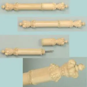Antique Carved Ivory Crown Finial Needle Case * English * Circa 1830s