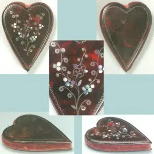 Antique Inlaid Tortoise Shell Heart Pin Cushion / Disc * English * Circa 1850